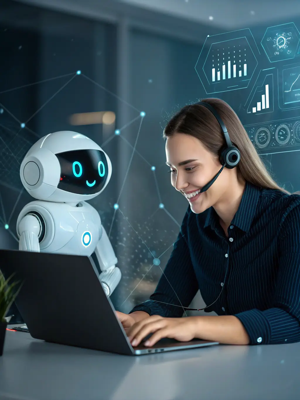 A holographic assistant guiding customers through the process of selecting the best energy plan for their business, offering personalized recommendations and support. The assistant is friendly and professional.