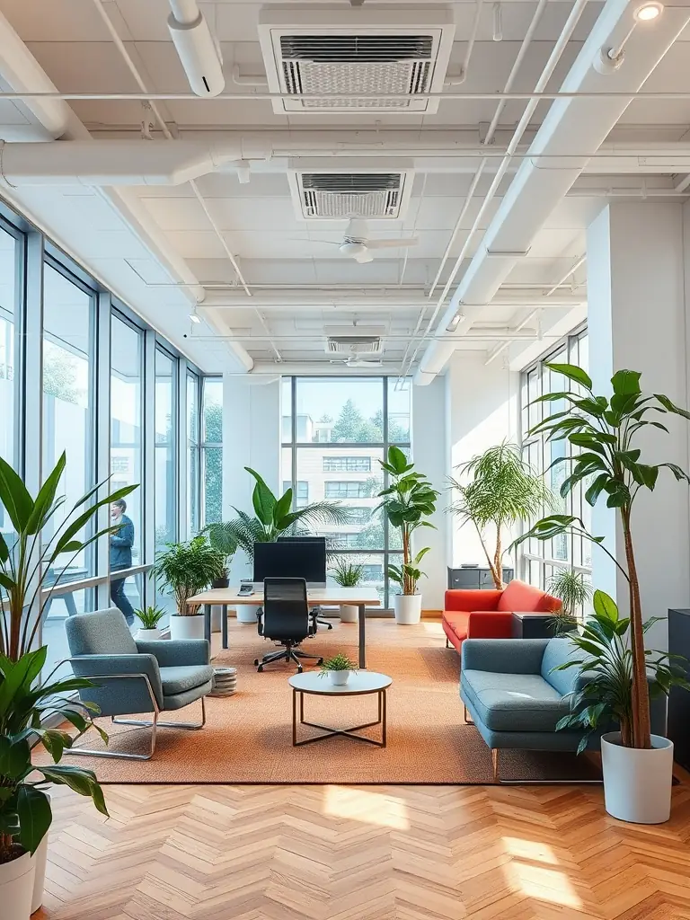 A professional photograph showcasing a modern office space with energy-efficient lighting and smart thermostats, symbolizing energy solutions.
