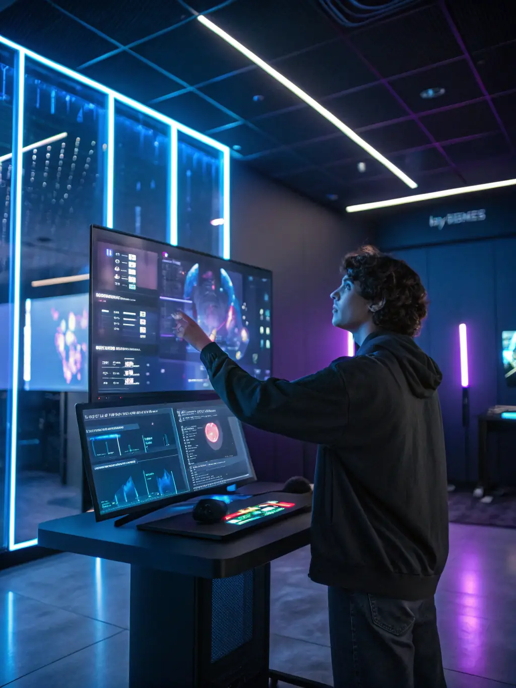 A sleek, interactive holographic interface allowing customers to explore different energy plans and options. The interface is user-friendly and responsive, displayed in a modern office setting.
